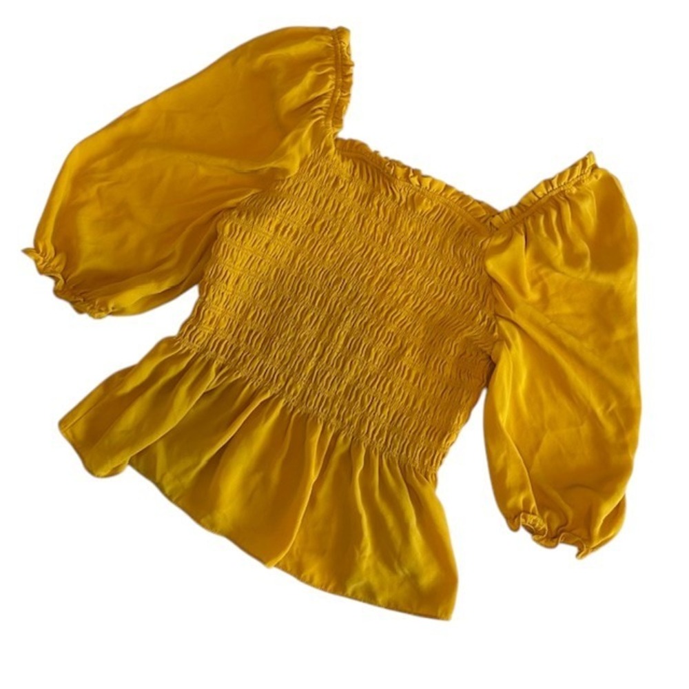 Nanette Lepore Smocked Peplum Top Ruffle Square Neck Yellow Blouse Size XS